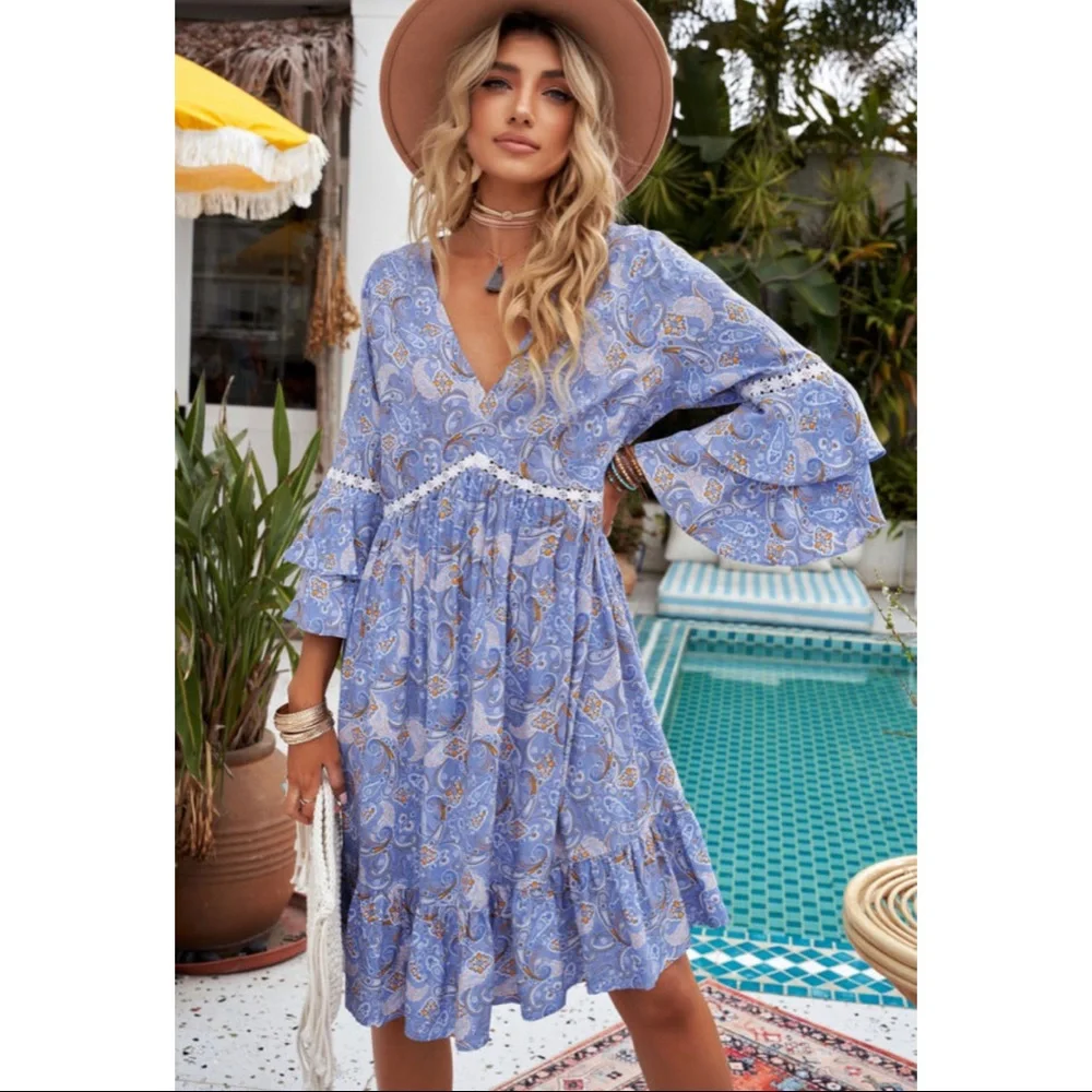 Boho Floral Lace Patchwork Tiered Ruffled V Neck Mini Dress - Picture 1 of 5